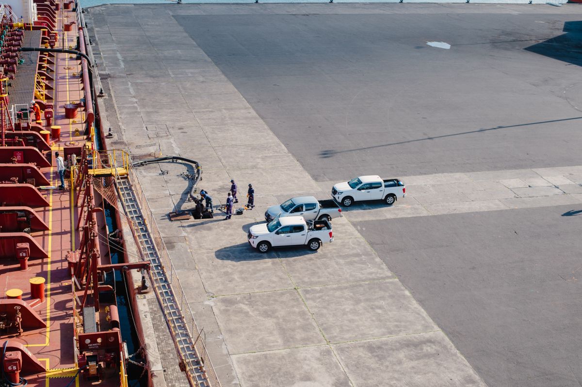 Docked cargo ship viewed from above